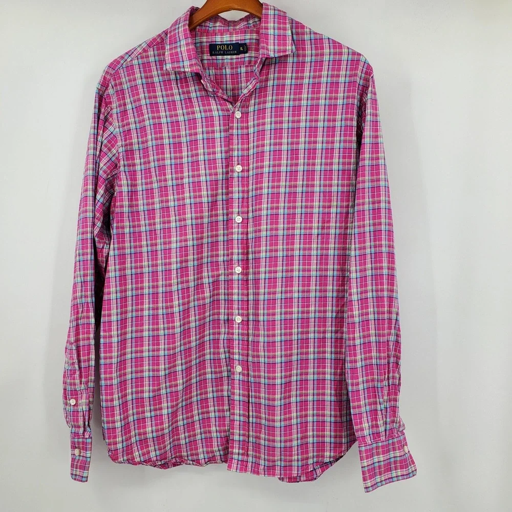 Polo Ralph Lauren Mens XL Pink Plaid Cotton Long Sleeve Button Down Shirt Preppy